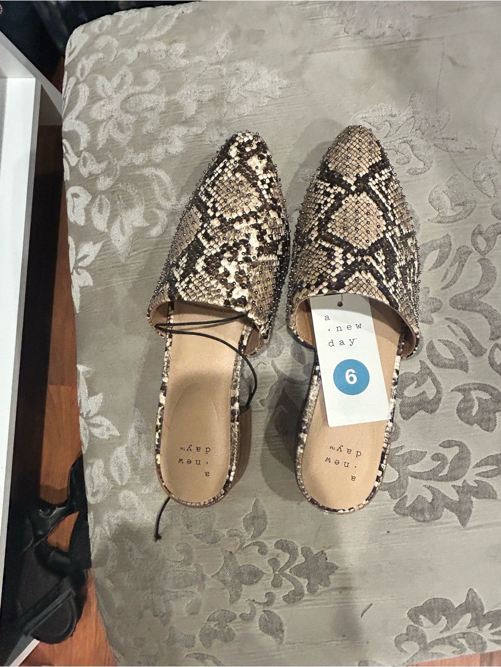 A new day Beige & Black Snake-Print Embellished Slip-On Mules